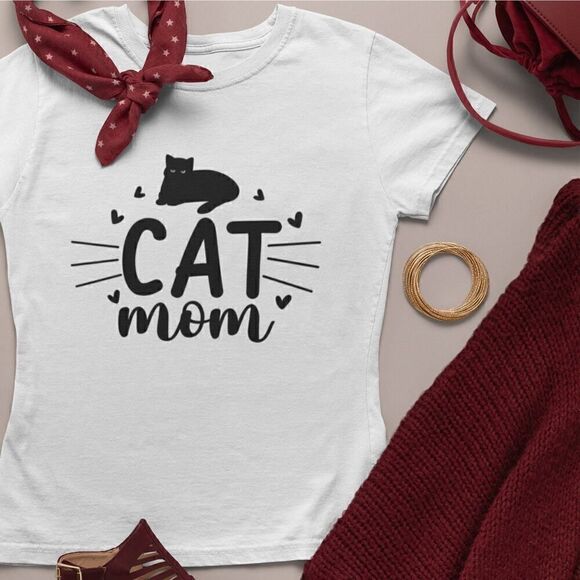 Cat Mom Printed White T-Shirt Cat Desing and Whiskers Ideal for Cat Lovers - Picture 9 of 11